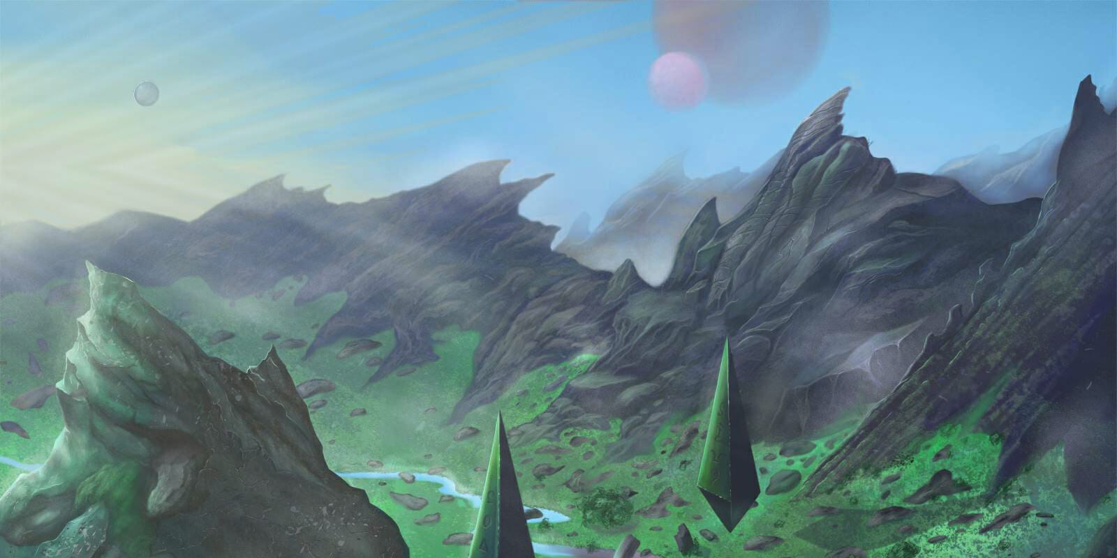 Alien Mountain Landscape with Floating Monolith Crystals