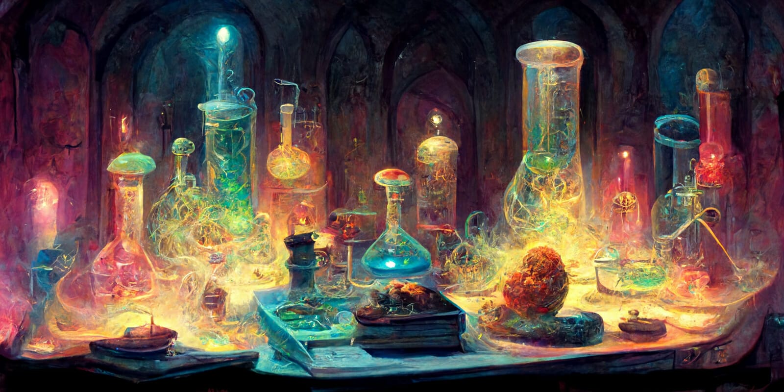 AI art of an arcane laboratory, vials, beakers, tubes, neon spell components
