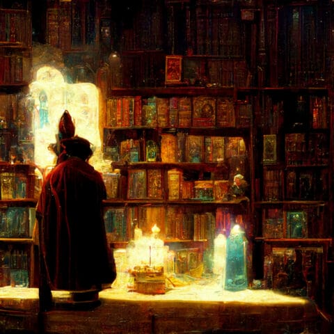 AI art wizard in a library studying a large tome by candlelight
