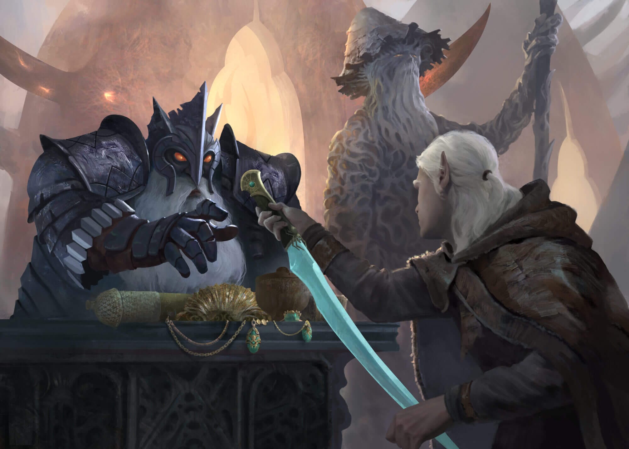 A drow turns over his spider goddess infused magical sword to a dvergr member of the coalition